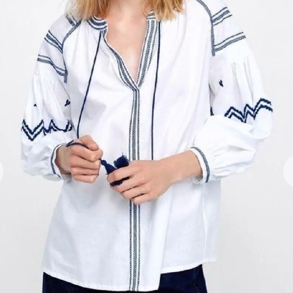 Zara Size Small Boho Blouse w/ Blue Embroidery & Tassel Detail - Picture 1 of 13